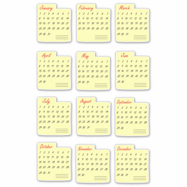 Classic Calendar Months Any Year Sticker Pack (Front)