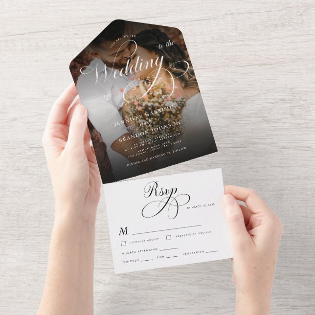 Classic Calligraphy & Dark Photo Elegant Wedding All In One Invitation (Tearaway)