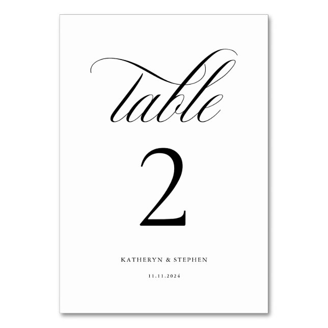 Classic Calligraphy Elegant Wedding Table Number 2 (Front)