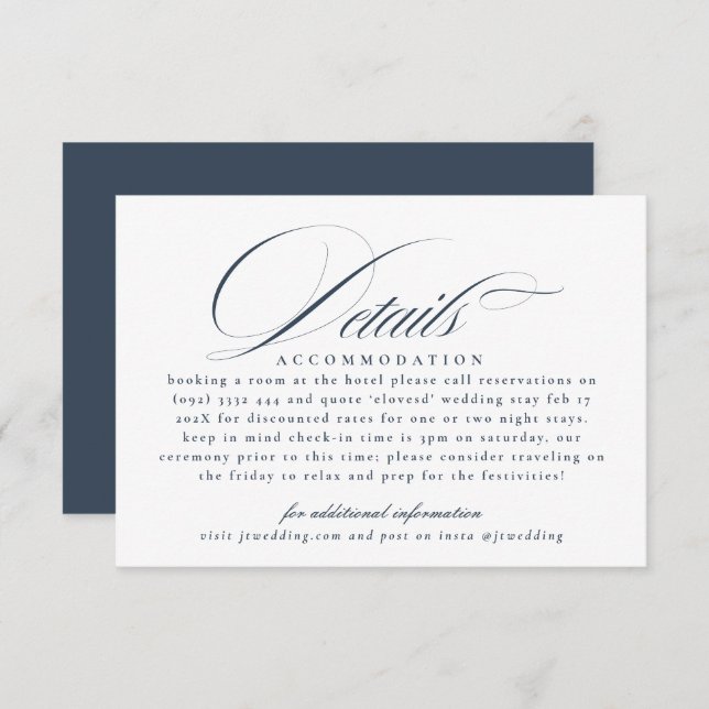 Classic Calligraphy Navy Blue Wedding Details Enclosure Card (Front/Back)