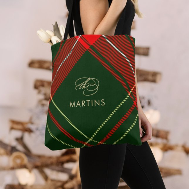 Classic Calligraphy Personalised Christmas Plaid Tote Bag (Creator Uploaded)