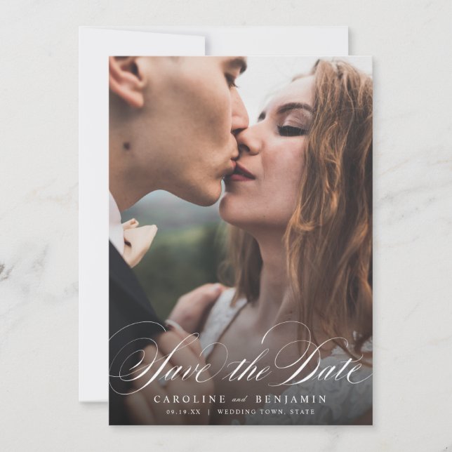 Classic calligraphy photo wedding save the date (Front)