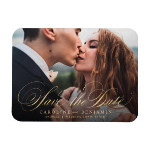 Classic calligraphy photo wedding save the date magnet