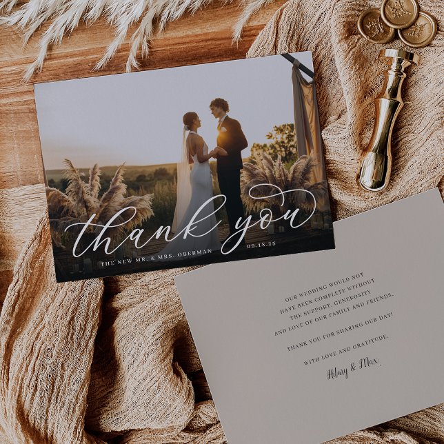 Classic Calligraphy Script Wedding Photo Flat Thank You Card (Creator Uploaded)