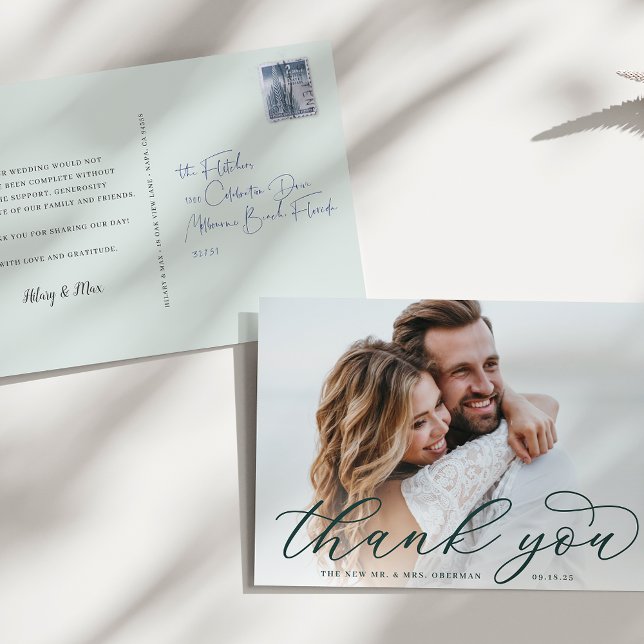 Classic Calligraphy Script Wedding Photo Thank You Postcard (Creator Uploaded)