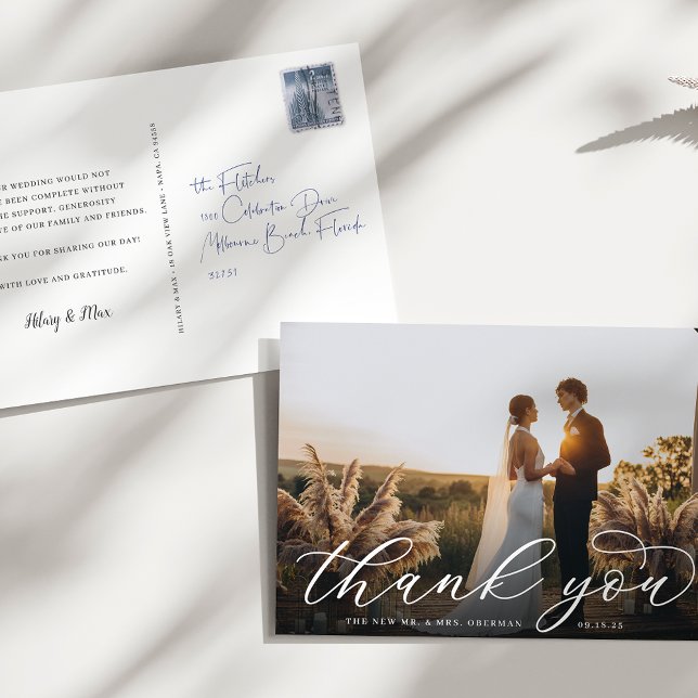 Classic Calligraphy Script Wedding Photo Thank You Postcard (Creator Uploaded)