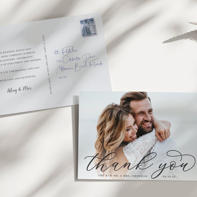 Classic Calligraphy Script Wedding Photo Thank You Postcard (Creator Uploaded)