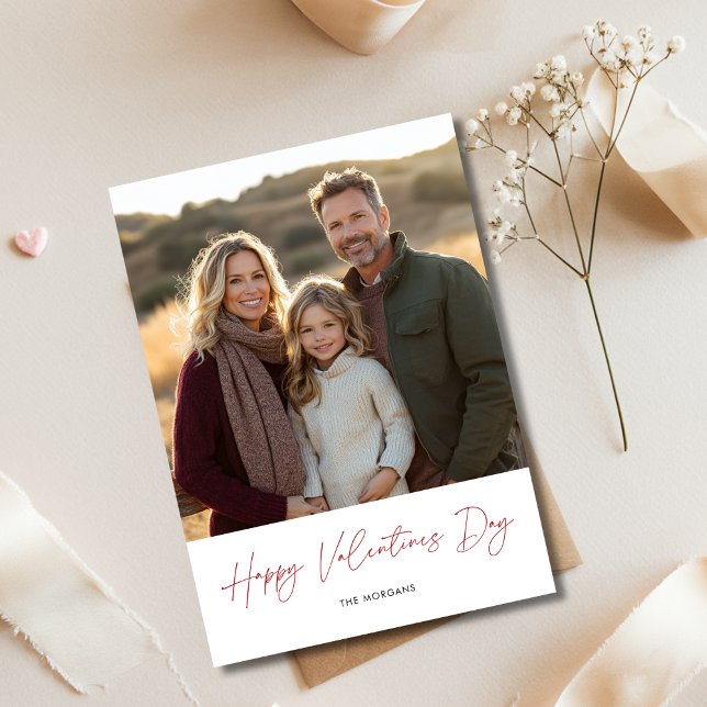 Classic Calligraphy Valentines Day Family Photo Holiday Card (Creator Uploaded)