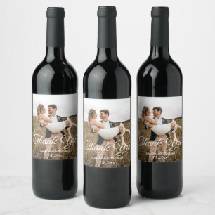 classic calligraphy wedding photo thank you wine label