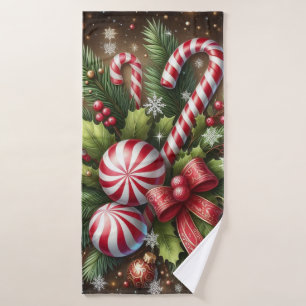 Classic Candy cane/peppermint Christmas greenery Bath Towel