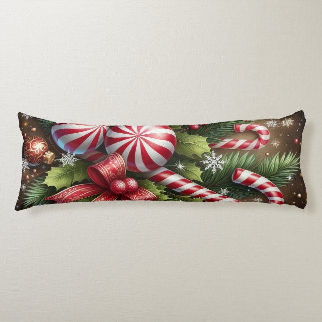 Classic Candy cane/peppermint Christmas greenery Body Cushion (Front)