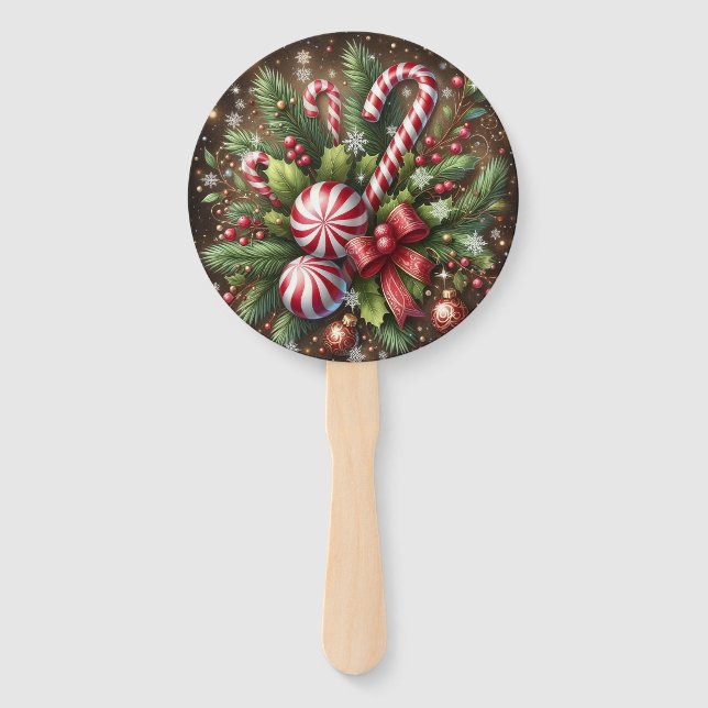 Classic Candy cane/peppermint Christmas greenery Hand Fan (Front)