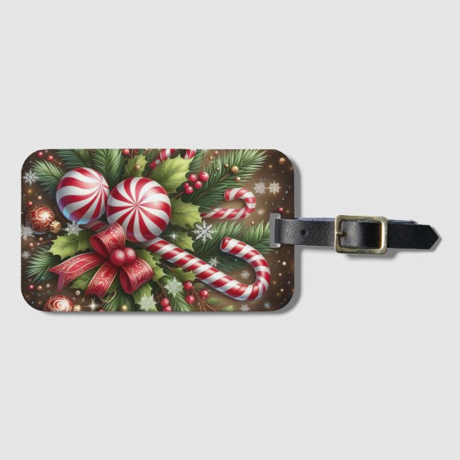Classic Candy cane/peppermint Christmas greenery Luggage Tag (Front Horizontal)