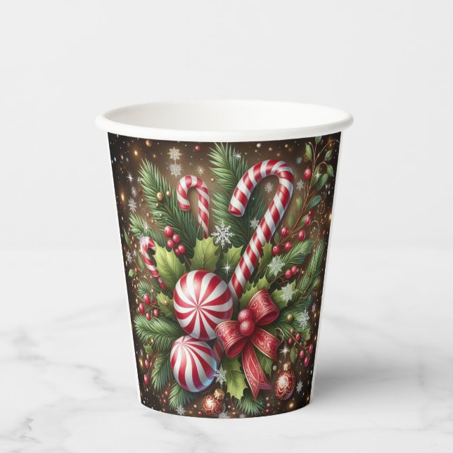 Classic Candy cane/peppermint Christmas greenery Paper Cups (Front)