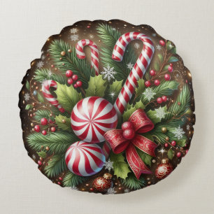 Classic Candy cane/peppermint Christmas greenery Round Cushion