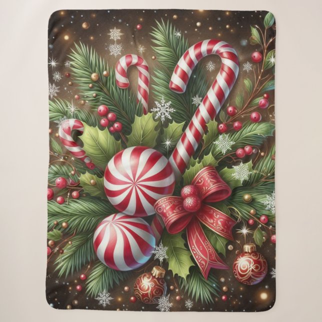 Classic Candy cane/peppermint Christmas greenery Sherpa Blanket (Front)