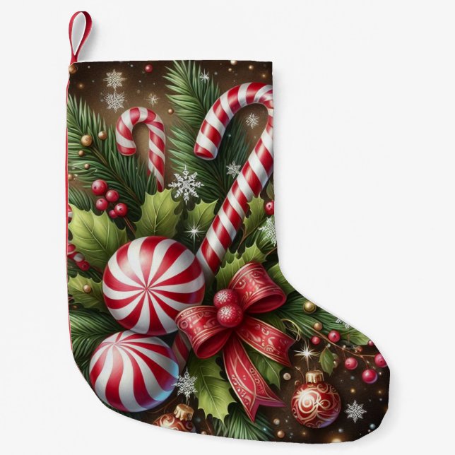 Classic Candy cane/peppermint Christmas greenery Small Christmas Stocking (Front)