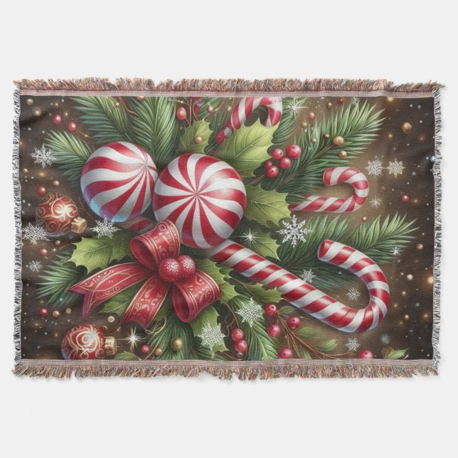 Classic Candy cane/peppermint Christmas greenery Throw Blanket (Front)