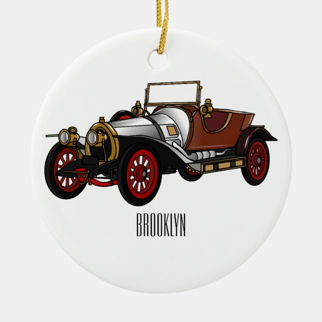 Classic car 1920 cartoon illustration ceramic tree decoration (Front)