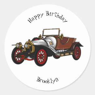 Classic car 1920 cartoon illustration round sticker