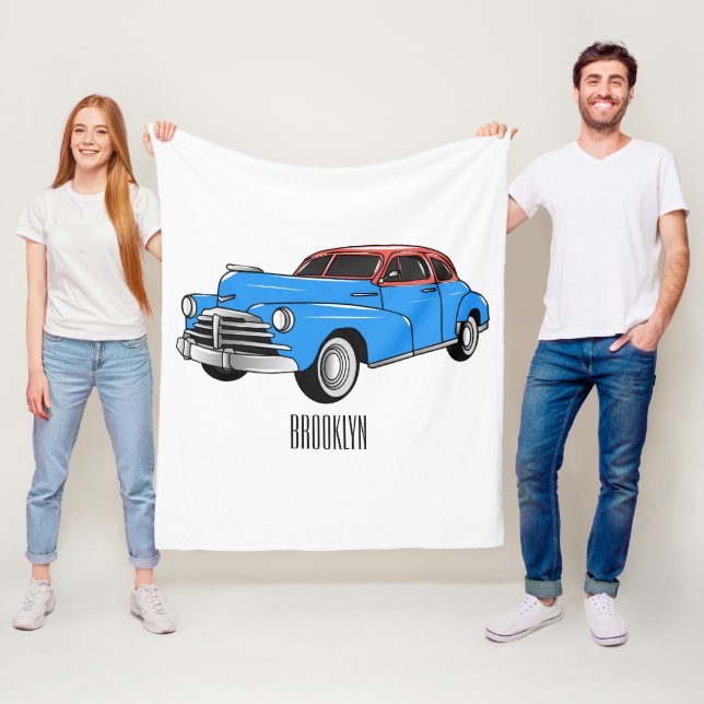 Classic car 1948 cartoon illustration fleece blanket (In Situ)