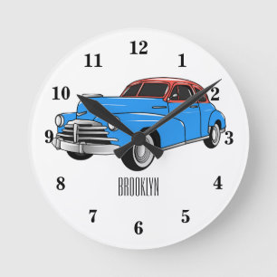 Classic car 1948 cartoon illustration round clock
