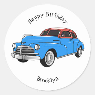 Classic car 1948 cartoon illustration round sticker
