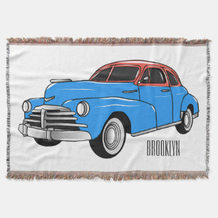 Classic car 1948 cartoon illustration throw blanket