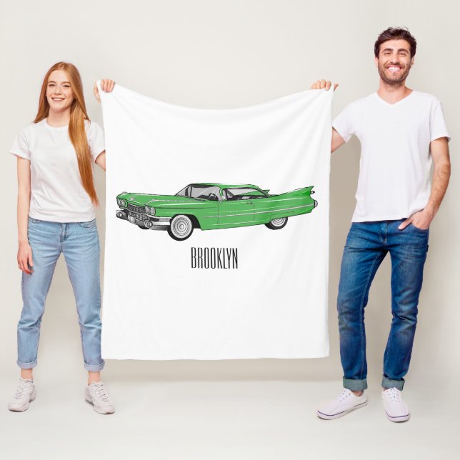 Classic car 1959 cartoon illustration fleece blanket (In Situ)