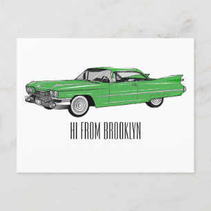 Classic car 1959 cartoon illustration postcard