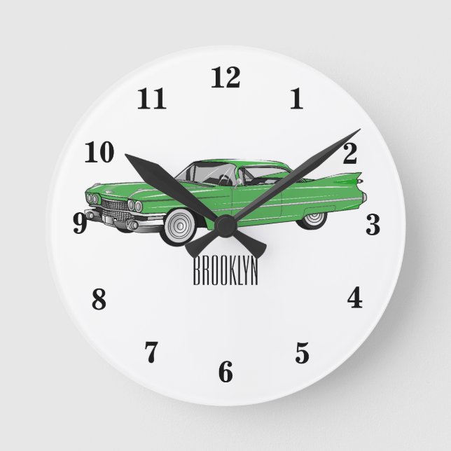 Classic car 1959 cartoon illustration round clock (Front)