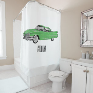 Classic car 1959 cartoon illustration shower curtain