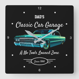 Classic Car Garage Dad's Green Car Name Black Square Wall Clock