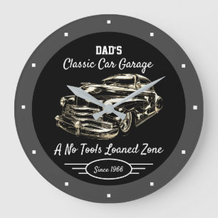 Classic Car Garage Dad's or Anyone's Name Black Large Clock