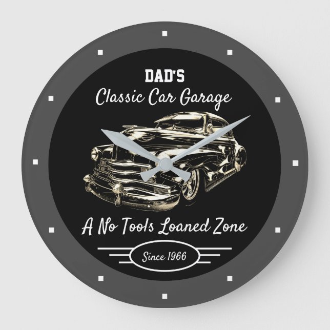 Classic Car Garage Dad's or Anyone's Name Black   Large Clock (Front)
