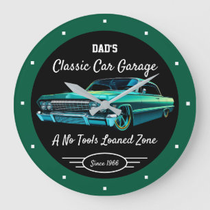 Classic Car Garage Dad's or Anyone's Name Green Large Clock
