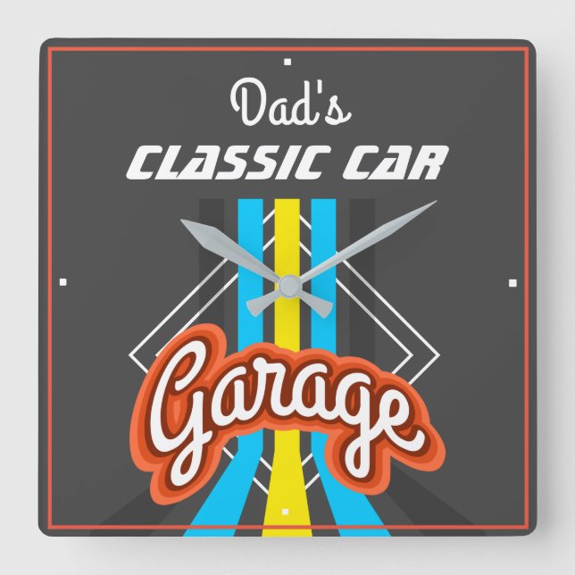 Classic Car Garage Retro Colours Typography Grey Square Wall Clock (Front)
