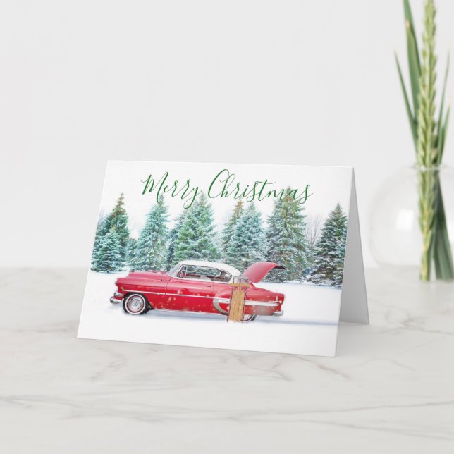 Classic Car Snow Scene Christmas Card (Front)