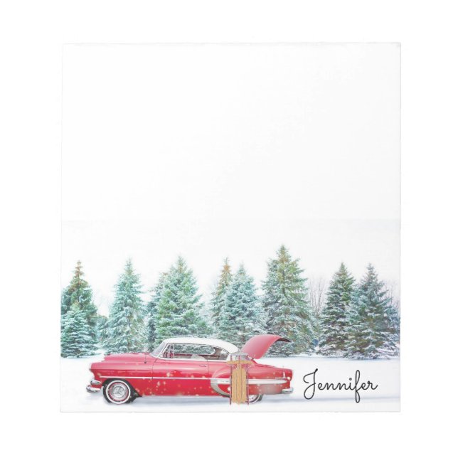 Classic Car Snow Sled w Name Stocking Stuffer Notepad (Front)