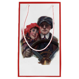 Classic car vintage romantic winter illustration small gift bag