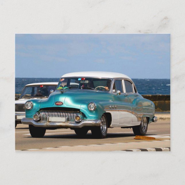 Classic Cars of Cuba Turquoise and White Sedan Postcard (Front)