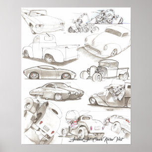 Classic Cars, Trucks, Bikes, Rods Pencil Art Poster