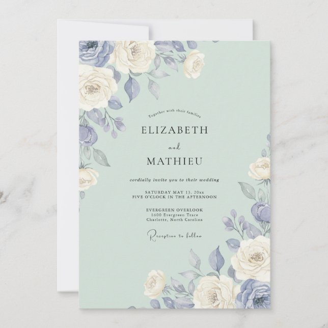 Classic Celadon Periwinkle Peony Wedding Invitation (Front)