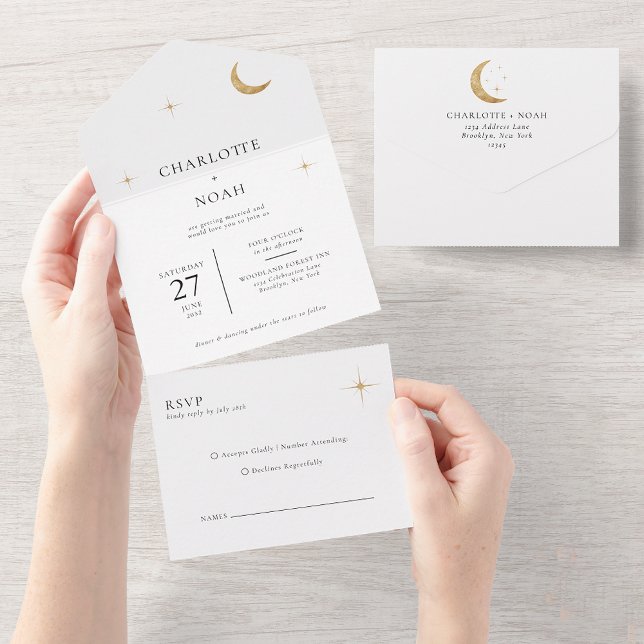 Classic Celestial Gold Moon Stars Wedding All In One Invitation (Creator Uploaded)