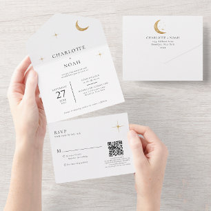 Classic Celestial Gold Moon Stars Wedding QR Code All In One Invitation