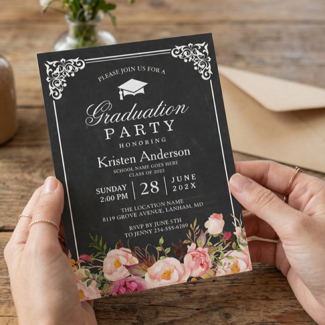 Classic Chalkboard Frame Floral Graduation Party Invitation (Creator Uploaded)