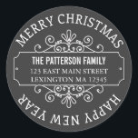 Classic Chalkboard Merry Christmas Label<br><div class="desc">A pretty alternative to an ordinary address label, this versatile "Merry Christmas" and "Happy New Year" holiday circle label will look lovely on all your Christmas cards and greetings. With fancy scrolling border surrounding your name and address this label would look great sealing the back of all your envelopes. Modern...</div>