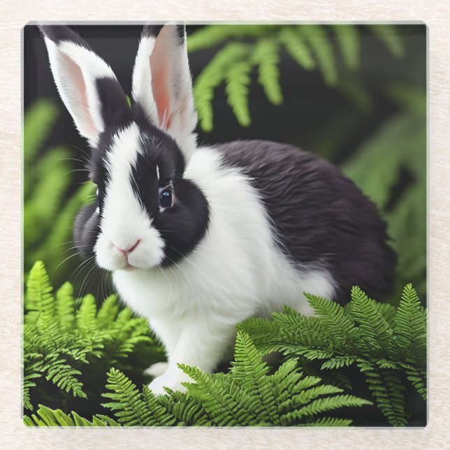 "Classic Charm: The Black and White Bunny Rabbit" Glass Coaster (Front)