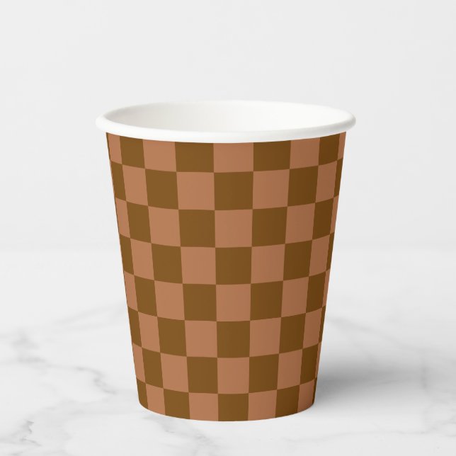 Classic Checkered Pattern: Brown and Tan Square Paper Cups (Front)