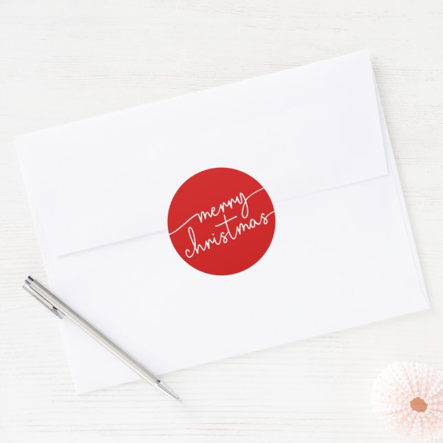 Classic Cheer: Festive Red Script Merry Christmas Round Sticker (Envelope)